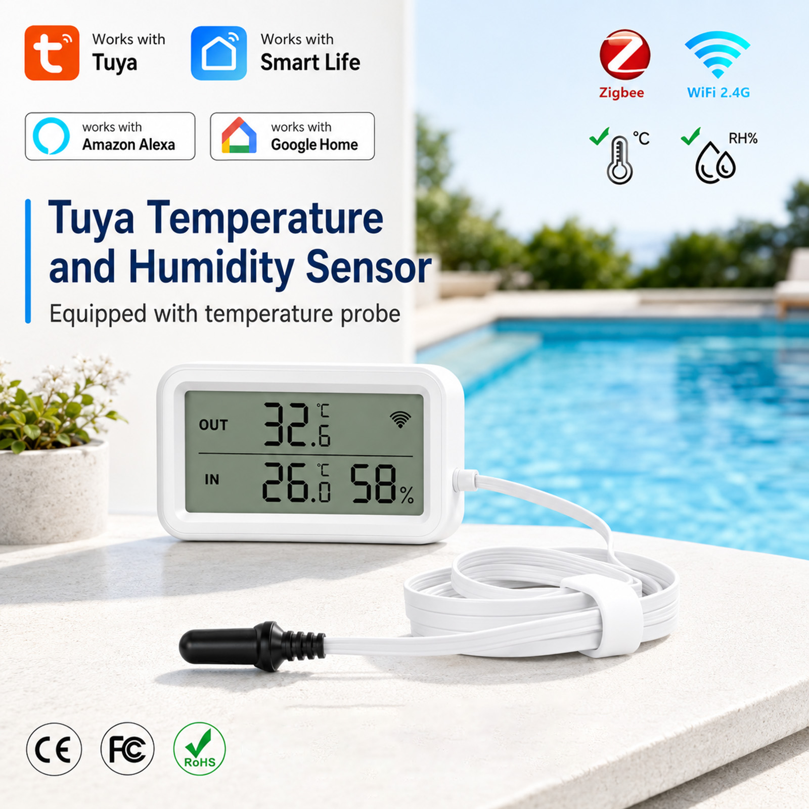 Digital Hygrometer Probe - 外部防水プローブ温度湿度センサー Tuya WiFi Zigbee LCD温度計湿度計 冷蔵庫、水槽、プール、Alexa対応